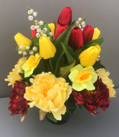 Cemetery pot with red & yellow tulips